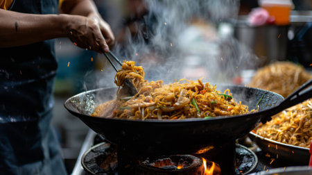 A traditional Thai street food vendor cooking pad see ew noodles in a sizzling wok, filling the air with mouthwatering aromaの素材