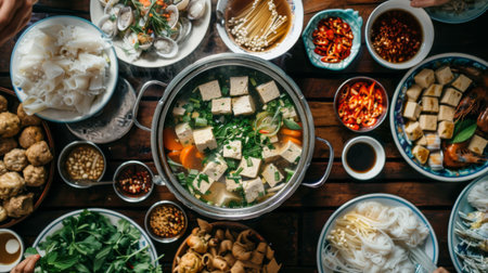 A traditional Vietnamese hot pot, lau, filled with fresh seafood, vegetables, and tofu, with a simmering broth in the center of the tableの素材