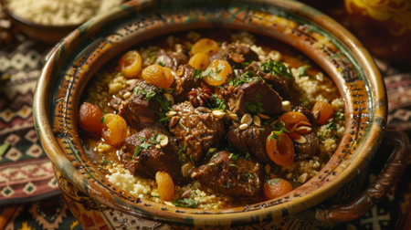 A sumptuous Moroccan tagine with tender lamb, apricots, almonds, and a blend of aromatic spices, served with couscousの素材