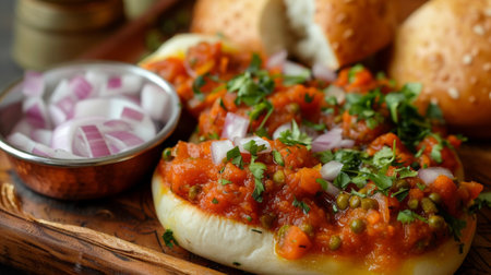 A traditional Indian street food snack, pav bhaji, featuring mashed vegetables served with buttered buns and chopped onionsの素材