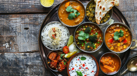 A traditional Indian thali meal with a variety of dishes including dal, rice, vegetable curry, yogurt, and papadumの素材