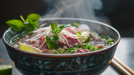 A vibrant bowl of Vietnamese pho with thinly sliced beef, fresh herbs, bean sprouts, and lime wedges, steaming hot and ready to eatの素材