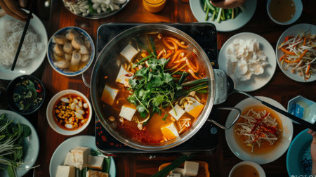 A traditional Vietnamese hot pot, lau, filled with fresh seafood, vegetables, and tofu, with a simmering broth in the center of the tableの素材
