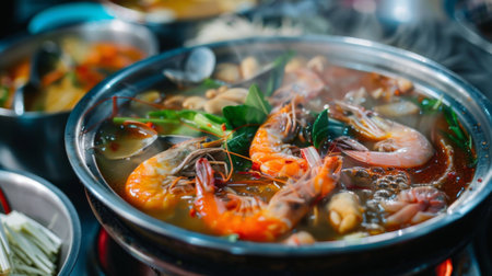 A traditional Thai hot pot, or jim jum, filled with a variety of meats, seafood, and vegetables, simmering in a flavorful brothの素材