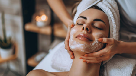 A woman getting a facial massage at a salon, enjoying relaxation and improved circulation for healthy and glowing skinの素材