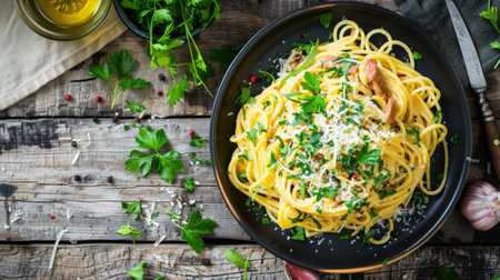 A vibrant plate of Italian spaghetti carbonara, garnished with fresh parsley and Parmesan cheese, set on a rustic wooden tableの素材