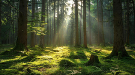 A tranquil forest scene with sunlight filtering through tall trees, casting dappled shadows on the forest floorの素材