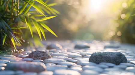 A tranquil zen garden background with smooth pebbles and bamboo, suggesting peace and mindfulnessの素材