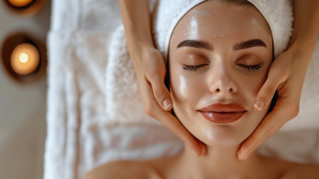 A woman getting a facial massage at a salon, enjoying relaxation and improved circulation for healthy and glowing skinの素材