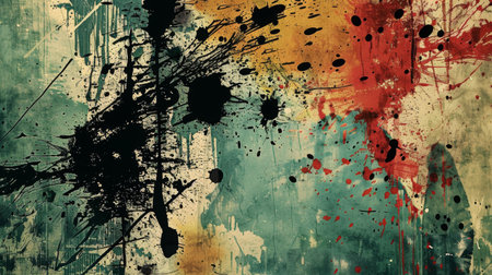 Abstract background featuring splattered paint and mixed media textures, providing a raw and artistic feelの素材
