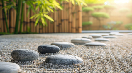 A tranquil zen garden background with smooth pebbles and bamboo, suggesting peace and mindfulnessの素材
