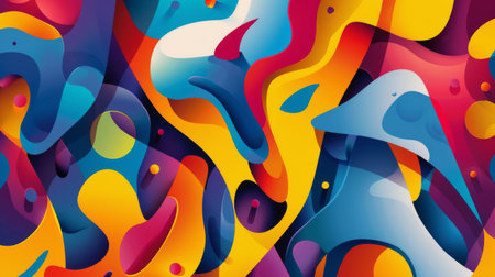 A vibrant, chaotic abstract background with overlapping shapes and bold colors, expressing creativity and spontaneityの素材