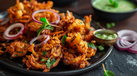 A tempting plate of crispy onion bhajis, or pakoras, served with mint chutney for a delightful Indian snack experienceの素材