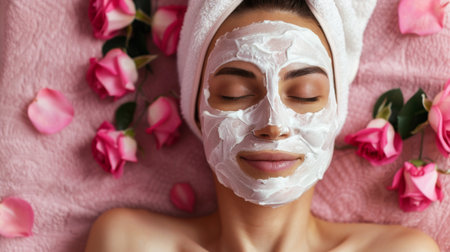 A woman doing a face mask treatment at home, indulging in self-care for glowing and revitalized skinの素材
