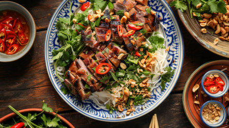 A vibrant plate of bun thit nuong, grilled pork served over vermicelli noodles with fresh herbs, pickled vegetables, and crushed peanutsの素材