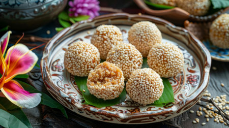 A traditional Vietnamese dessert, banh cam, sesame balls filled with sweet mung bean paste, served on a decorative plateの素材