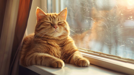 An adorable fat cat with a big smile, sitting on a sunny windowsill, basking in the warmth and looking contentの素材