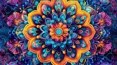 Abstract background with intricate mandala patterns in bright, vivid colors, providing a sense of balance and harmonyの素材