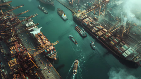 Aerial view of a busy industrial harbor with ships loading and unloading cargo, facilitating global trade and commerceの素材