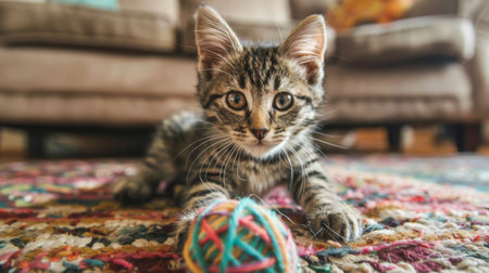 Adorable kitten playing with a ball of yarn on a soft, patterned rug in a cozy, eclectic living room with various textures and colorsの素材