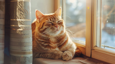 An adorable fat cat with a big smile, sitting on a sunny windowsill, basking in the warmth and looking contentの素材