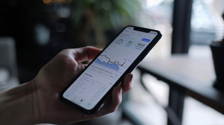 A hand holding a smartphone with a stock market app open, displaying real-time stock graphs and news updates for investors on the go.の素材