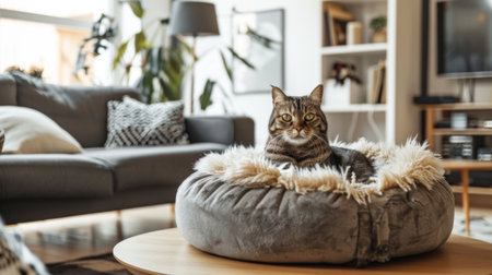 A luxurious cat bed with a fluffy cushion, placed in a stylish living room with contemporary furniture and decor, with a cat relaxing insideの素材