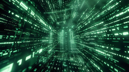 A futuristic digital matrix background with glowing lines and numbers, evoking themes of technology and innovationの素材