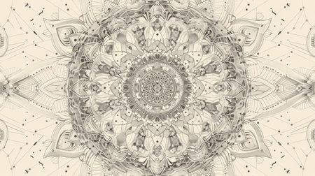 A detailed line drawing of an intricate mandala with symmetrical patterns and geometric shapes, radiating from the centerの素材