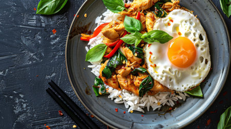 A plate of spicy Thai basil chicken stir-fry, or pad kra pao, served with jasmine rice and a fried egg on topの素材
