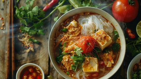 A steaming bowl of Vietnamese bun rieu with crab meat, tomatoes, tofu, and fresh herbs, served with a side of lime and chiliの素材