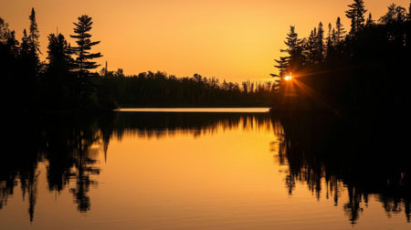 A serene lake reflecting the golden hues of a setting sun, with silhouettes of trees along the shorelineの素材