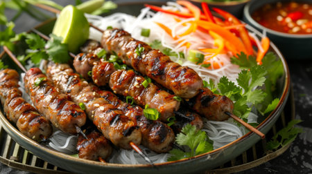 A platter of nem nuong, Vietnamese grilled pork sausage skewers, served with rice paper, fresh vegetables, and dipping sauceの素材