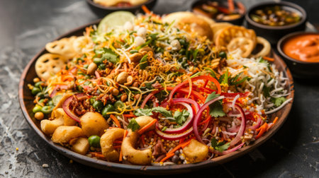 A plate of spicy and tangy chaat snacks, including bhel puri, pani puri, and sev puri, served with crunchy toppingsの素材