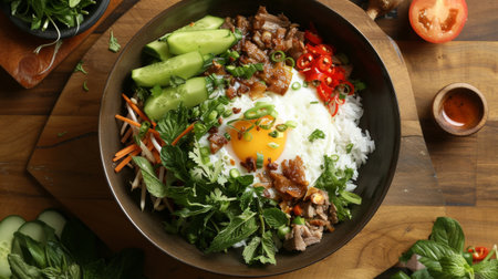 A serving of com tam, Vietnamese broken rice topped with grilled pork, shredded pork skin, and a fried egg, accompanied by fresh vegetablesの素材