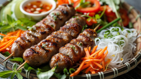 A platter of nem nuong, Vietnamese grilled pork sausage skewers, served with rice paper, fresh vegetables, and dipping sauceの素材
