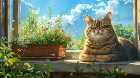 A plump cat with a happy smile, sitting on a windowsill with a beautiful garden view in the backgroundの素材
