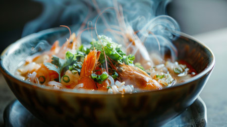 A steaming bowl of aromatic tom yum soup with shrimp, lemongrass, and Thai herbs, offering a spicy and tangy flavor profileの素材