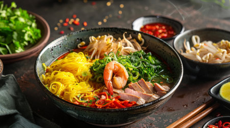 A steaming bowl of mi quang, a Vietnamese noodle dish with turmeric-infused noodles, shrimp, pork, and fresh herbs, served with a side of brothの素材