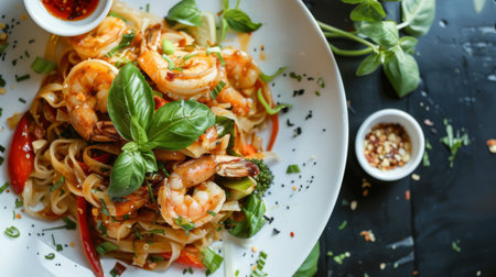 A plate of spicy Thai noodles with shrimp, or pad kee mao, tossed with fresh vegetables and aromatic Thai basilの素材
