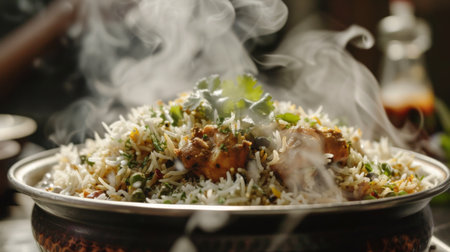 A steaming bowl of fragrant chicken biryani, layered with basmati rice, tender chicken pieces, and aromatic spicesの素材