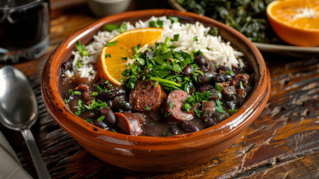 A rich and flavorful Brazilian feijoada with black beans, pork, and sausages, served with rice, collard greens, and orange slicesの素材