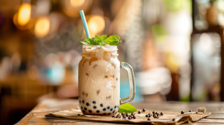 A refreshing iced bubble milk tea served in a mason jar, garnished with a sprig of mint for an extra burst of freshnessの素材