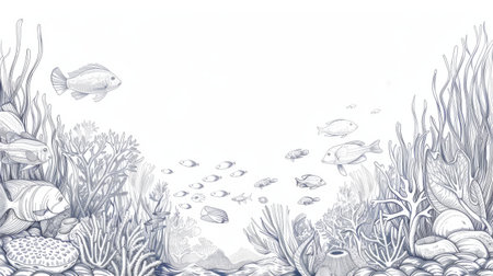 A whimsical line drawing of an underwater scene with fish, corals, and seaweed, capturing the beauty of marine lifeの素材