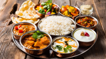 A traditional Indian thali meal with a variety of dishes including dal, rice, vegetable curry, yogurt, and papadumの素材
