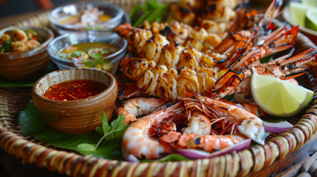 A Thai seafood feast featuring grilled prawns, squid, and fish, served with spicy dipping sauces and fresh lime wedgesの素材