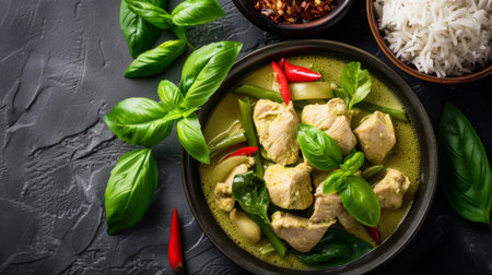 An aromatic Thai green curry with tender chicken pieces, bamboo shoots, and fresh basil, served with jasmine riceの素材
