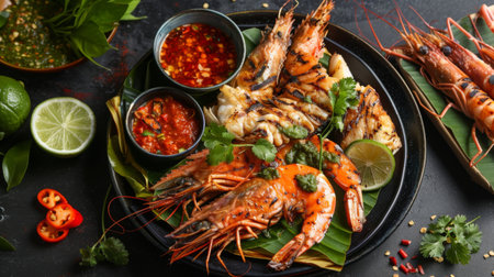 A Thai seafood feast featuring grilled prawns, squid, and fish, served with spicy dipping sauces and fresh lime wedgesの素材