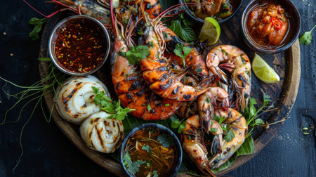 A Thai seafood feast featuring grilled prawns, squid, and fish, served with spicy dipping sauces and fresh lime wedgesの素材