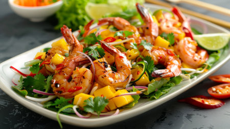 A tempting platter of Thai mango salad with grilled shrimp, showcasing the perfect balance of sweet, sour, and spicy flavorsの素材